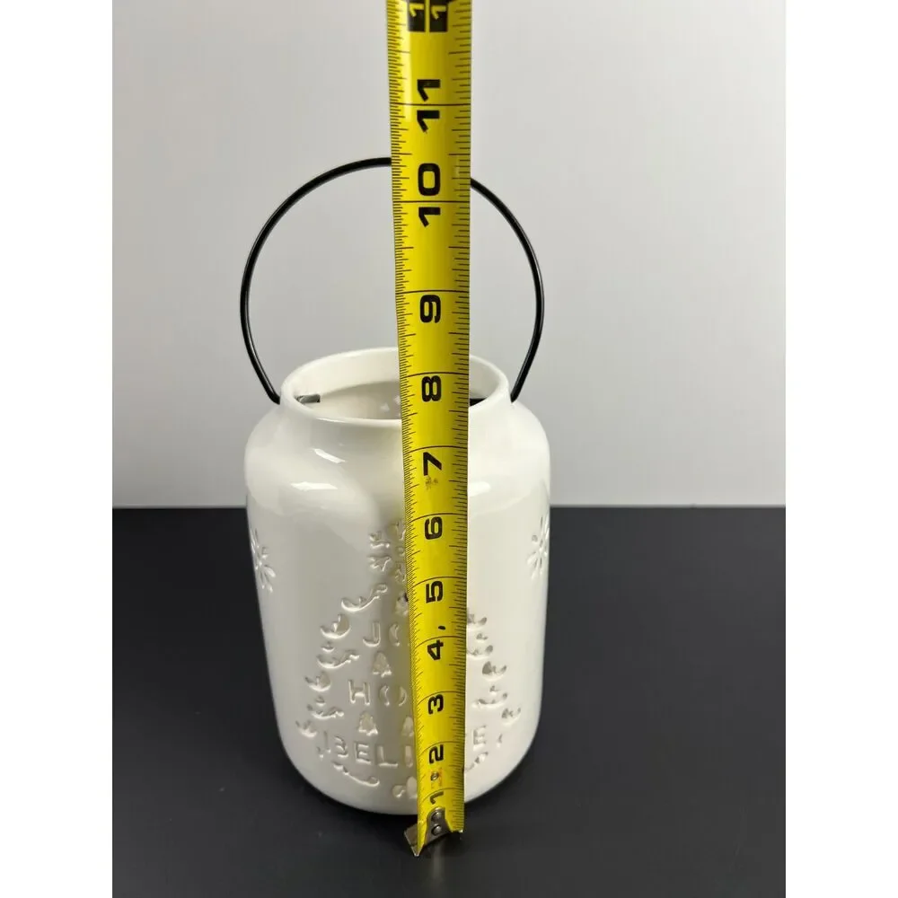 White Ceramic Christmas Lantern Cutout Tree Joy Hope Believe Luminary EUC